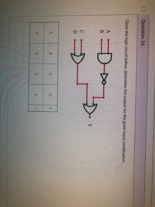 D Question 16 Given the logic circuit below, determine the output for the given input combination.