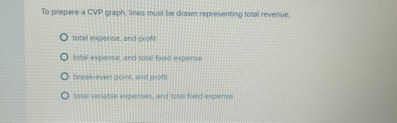 To prepare a CVP graph, lines must be drawn representing total revenue, O total expense, and profit O total expense, and tota
