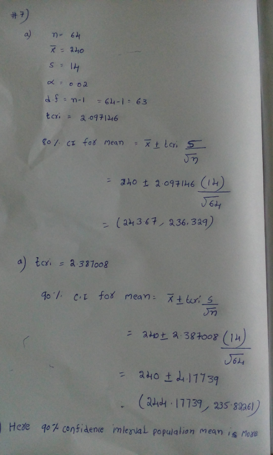 #7) ct S : Jラ V6니 。 ( art 3 63, 236, 329) a) toi = a 387008 J64 240土411739 (a4d 17131, 235 ssnd) Hede o considene imlesval populalion mean is oxe