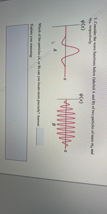 3. Consider the wave functions below (labeled A and B) of two particles of mass m, and mn, respectively *(x) (x) ♡ A Which of