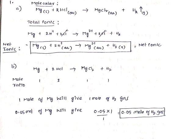 Molecular : a) mg (s) + 2 Hcl coa machacaa) + Holg Total ponic: Mg + 24t tart y Might teet + H2 Tonic:Mycs) + 24 aa) → Mg Can