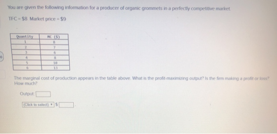 You are given the following information for a producer of organic grommets in a perfectly competitive market TFC = $8 Market