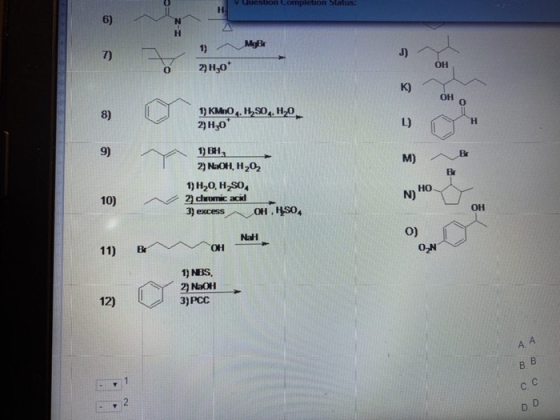 question completion Status: Н. 6) Н 1) MyB 7) J) 2но ОН К) ОН 0 8) 13 кмo4. HS04. Но. 2но D) Н 9) B M) В 1) Bн. 2) OH, H20,
