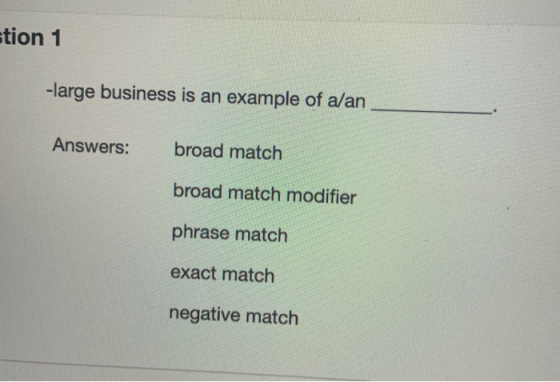 etion 1 -large business is an example of a/an Answers: broad match broad match modifier phrase match exact match negative mat