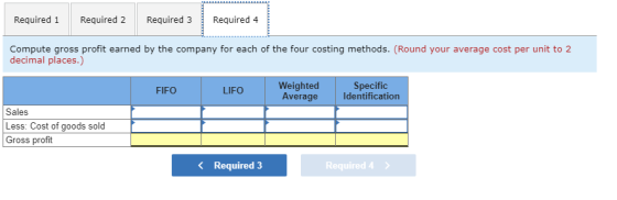 Required 1 Required 2 Required 3 Required 4 Compute gross profit earned by the company for each of the four costing methods.