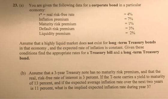 23. (a) = 4% You are given the following data for a corporate bond in a particular economy: r* = real risk-free rate Inflatio