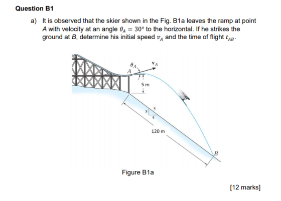 Question B1 a) It is observed that the skier shown in the Fig. B1a leaves the ramp at point A with velocity at an angle 0A30° to the horizontal. If he strikes the ground at B, determine his initial speed vA and the time of flight tAB VA 5 m 3 120 m Figure B1a [12 marks]