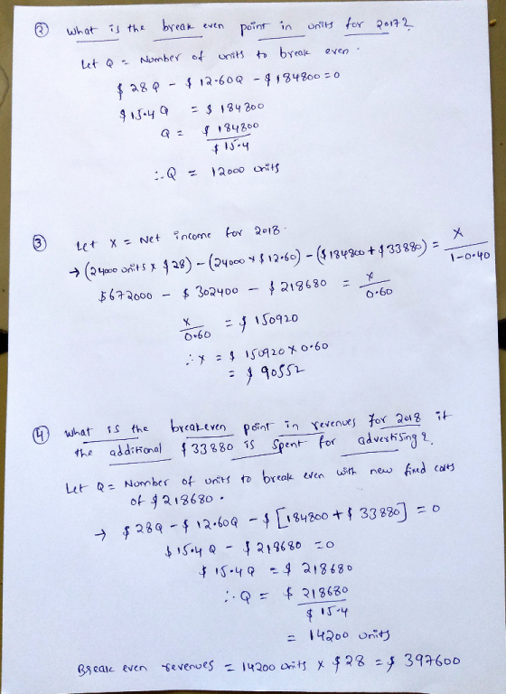 2017? @ what is the break even point in units for Let Q - Number of units to break even $28.9 - $12-60Q - $184800 = 0 $ 13-40