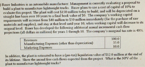 Bauer Industries is an automobile manufacturer. Management is cuctently evaluating a proposal to build a plant to manufacture lightweight trucks Bauer plans to use a cost ofcapital of 10% to evaluate this project. The plant will cost $150 million today to build, and will be depreciated on a straight-line basis over 10 years to a final book value of SO. The companys working capital requirements wil increase from $40 mullion to s50 milion inaediately (for the purchase of raw materials and supplies), and stay at that level until year 10, when working capital will decrease to its original level. Bauer has developed the following additional anual incremental cash flow projections (all dollars in millions) for years 1 through 10 The companys marginal tax rate is 40%. Revenues Manufacturing Expenses (other than depreciation) Marketing Expenses 100.0 35.0 10.0 In addition, the plant is estimated to have a (pre-tax) liquidation value of $12.0 million at the end of its lifetime. Show the annual free cash flows expected from the project. What is the NPV of the plant to manufacture lightweight trucks?