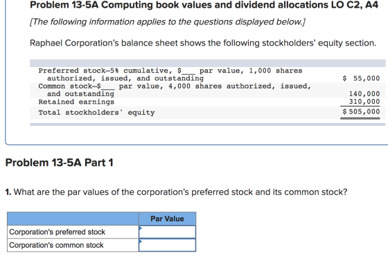 Problem 13-5A Computing book values and dividend allocations LO C2, A4 [The following information applies to the questions di