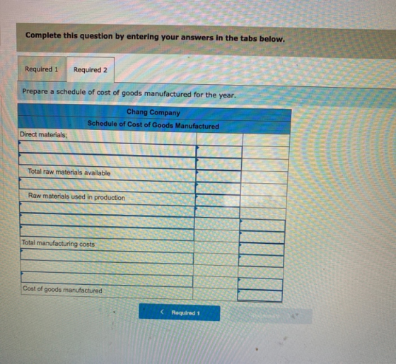 Complete this question by entering your answers in the tabs below. Required 1 Required 2 Prepare a schedule of cost of goods