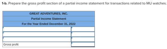 1-b. Prepare the gross profit section of a partial income statement for transactions related to MU watches. GREAT ADVENTURES,