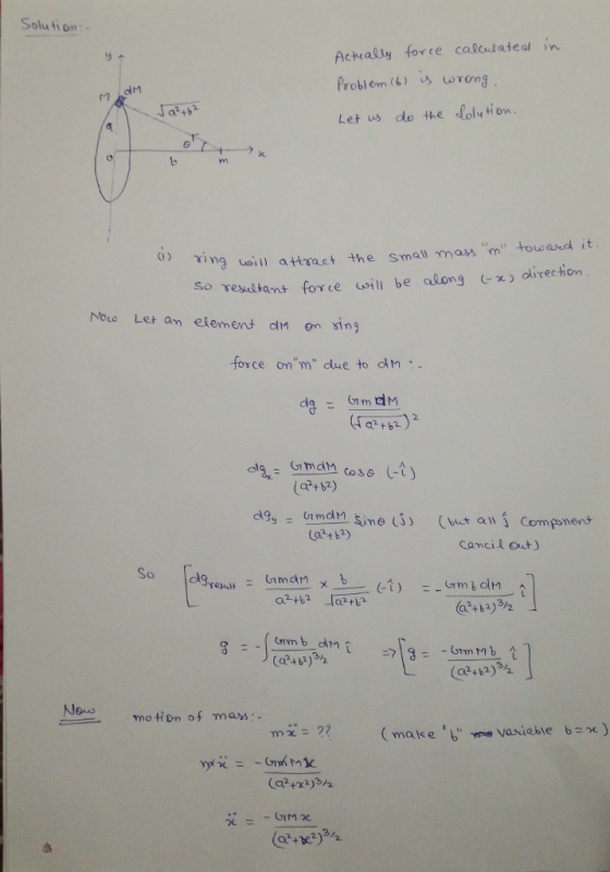 Solu ti om:- Ach ally force caladateal in Problem (6)is torom Let us do the Solytion. a2+b ng il attract the small mos m towand it so vealban, fov ce us, be along (-x) direction 6) Now Let am element dm on sing force on m dlue to dm : Sime () Cbtani Compnen (a+ b2) cancil out) So drews mo tiom of mass mi: 22