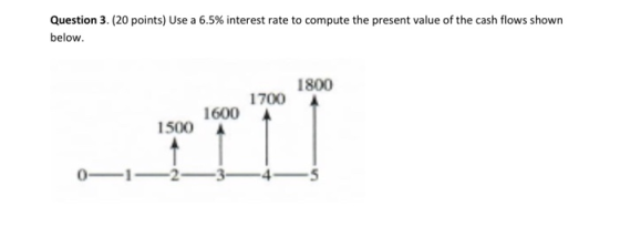 Question 3. (20 points) Use a 6.5% interest rate to compute the present value of the cash flows shown below. 1800 1600 1500 0