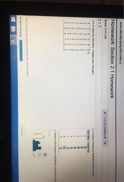 BUAD 2053 Web Spring 2019 21995 (1) Homework: Section 2.1 Score: 0 of 5 pts Homework Data Value F 3 3 7 8 8 6 5 4 5 7 98 b Based on the frequency distribution, develop a histog O A Click to select your answer and then click Check Answer Clear All All parts showing