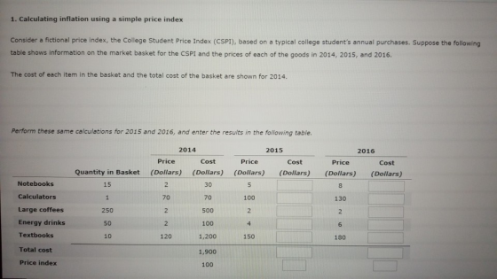 1. Calculating inflation using a simple price index Consider a fictional price index, the College Student Price Index (CSPI), based on a typical college students annual purchases. Suppose the following table shows information on the market basket for the CSPI and the prices of each of the goods in 2014, 2015, and 2016. The cost of each item in the basket and the total cost of the basket are shown for 2014. Perform these same calculations for 2015 and 2016, and enter the results in the following table 2014 2015 2016 Price Cost Price Cost Price Cost Quantity in Basket (Dollars) (Dollars) (Dollars) (Dollars) (Dollars) (Dollars) Notebooks Calculators Large coffees Energy drinks Textbooks Total cost Price index 15 2 70 2 2 120 30 70 500 100 1,200 1,900 100 5 8 100 130 250 50 10 4 6 150 180