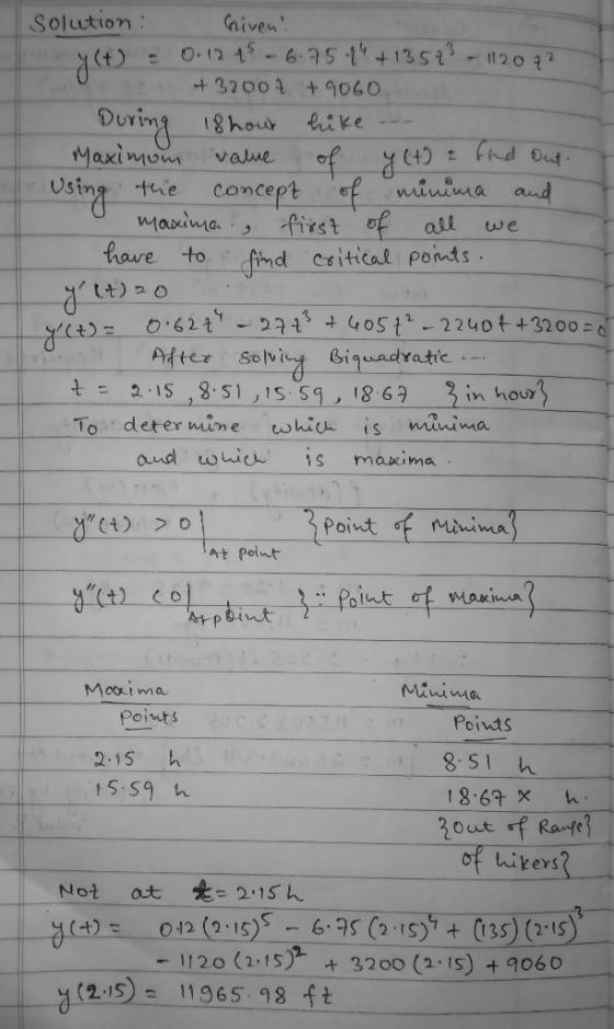 Solution : Criven! y(t) = 0.12 95 -6.75 44+ 13573 - 112072 +32004 +9060 During 18 hour hike - Maximum value of y(t) & find ou