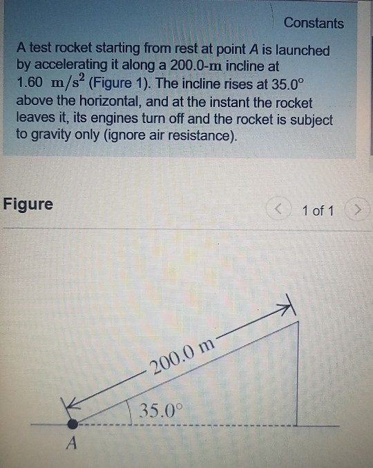 Constants A test rocket starting from rest at point A is launched by accelerating it along a 200.0-m incline at 1.60 m/s2 (Figure 1). The incline rises at 35.0° above the horizontal, and at the instant the rocket leaves it, its engines turn off and the rocket is subject to gravity only (ignore air resistance) Figure 1 of 1> 200.0 m 35.0°
