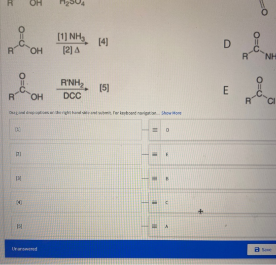 OH 204 [1] NH3, 14] D O=0 R ОН [2] oc NH o RNH2 DCC (5) E hea R OH A-C CI Drag and drop options on the right hand side and s