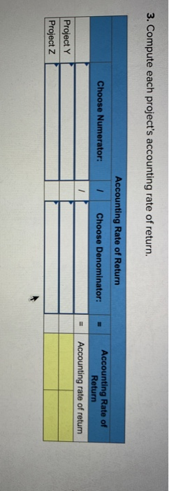 3. Compute each projects accounting rate of return. Accounting Rate of Return Accounting Rate of Return Choose Numerator: Ch