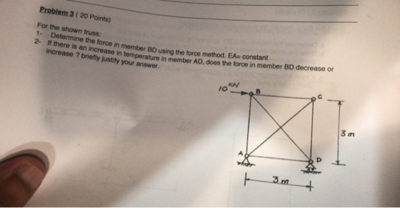 Problem 3 ( 20 Points) For the shown truss: 1 Determine the force in member BD using the force method. EA= constant 2. If the