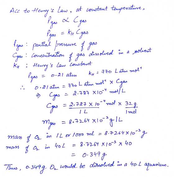 Ale to Henrys law, at constant temperature, Pgas & C gas Pgas = ke Cgas Igas : partial pressure of gas Cgas : Concentration