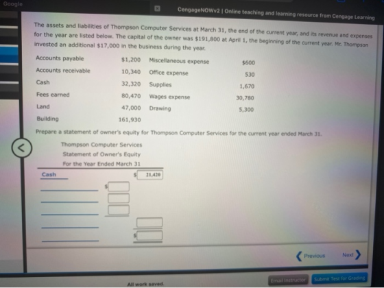 Google CengageNOWV2 Online teaching and learning resource from Cengage Learning The assets and liabilities of Thompson Comput