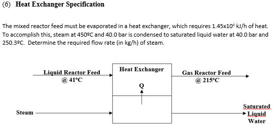 6) Heat Exchanger Specification The mixed reactor feed must be evaporated in a heat exchanger, which requires 1.45x104 kJ/h o