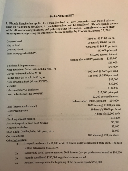 BALANCE SHEET I. Rhonda Rancher has applied for a loan. Her banker, Larry Loanmaker, says the old balance sheet on file must be brought up to date before a loan will be considered. Rhonda spends the rest of the afternoon taking inventory and gathering other information. Complete a balanee sheet on a separate page using the information below compiled by Rhonda on January 22, 2019. 3500 bu. @ $5.00 per bu. 100 tons @ $80.00 per ton Grain on hand Hay on hand Growing wheat Farm mortgage (due/4/1/19) Buildings & improvements Note payable on feeder cattle (all due 4/15/19) Calves (to be sold in May 2019) Feeder cattle (to be sold in 60 days) Note payable at bank (all due 3/1/019) Vehicles Other machinery & equipment Loan on beef cows (due 10/01/19) 200 acres @ S69.80 per acre $13,000 principal $10,000 accrued interest balance after 4/01/19 payment $260,000 $68,000 $45,000 100 head@$605 per head 125 head @ $800 per head $82,000 $30,500 $130,500 $12,000 principal, 2,200 accrued interest balance after 10/1/15 payment $34,000 Land (present market value) Beef breeding cows Bulls Checking account balance Account payable at Joes Feed & Seed Account receivable Shop Equip. (welder, lathe, drill press, etc.) Corporate Stock 1000 acres @$1800 per acre 110 head @ $1000 per head 4 head @ $2,200 each $33,400 S6,500 $3,600 $5,000 100 shares @ $90 per share Has paid in advance for $6,000 worth of feed in order to get a good price on it. The feed will be delivered in May, 2019. 1) 2) Income and social security taxes on 2018 income (not yet paid) are estimated at $14,200. 3) Rhonda contributed $590,000 to get her business started 4) Retained earnings since the beginning of the business equals $655,000.