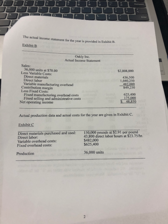 BEBET ASEGAR Entos The actual income statement for the vear is provided in Exhibit B. Exhibit B Oakly Inc. Actual Income Stat