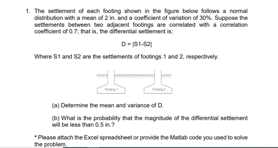 1. The settlement of each footing shown in the figure below follows a normal distribution with a mean of 2 in. and a coeffici