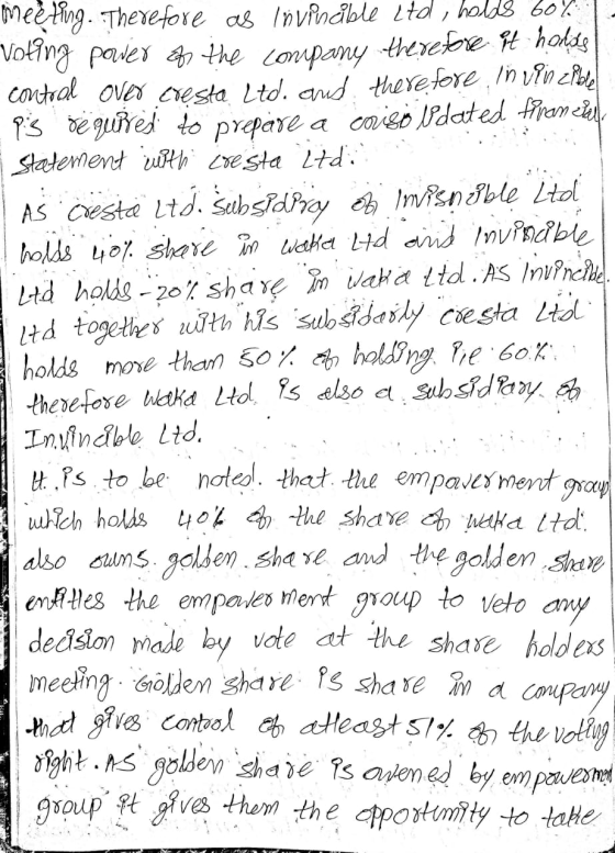 meeting. Therefore as invincible Ltd, holds boy! voting power of the company therefore it holds control over cresta Ltd. and