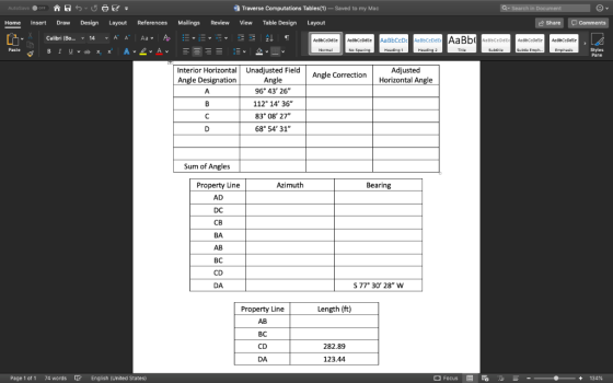 Traverse Computations Tables(1)-Saved to my Mac Home Insert Draw Design Layout References Mailings Review View Table Design L