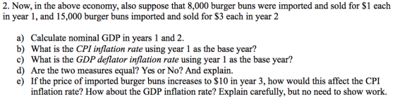 2. Now, in the above economy, also suppose that 8,000 burger buns were imported and sold for $1 each in year 1, and 15,000 burger buns imported and sold for $3 each in year 2 a) Calculate nominal GDP in years 1 and 2. b) What is the CPI inflation rate using year 1 as the base year? c) What is the GDP deflator inflation rate using year 1 as the base year? d) Are the two measures equal? Yes or No? And explain e) If the price of imported burger buns increases to $10 in year 3, how would this affect the CPI inflation rate? How about the GDP inflation rate? Explain carefully, but no need to show work.