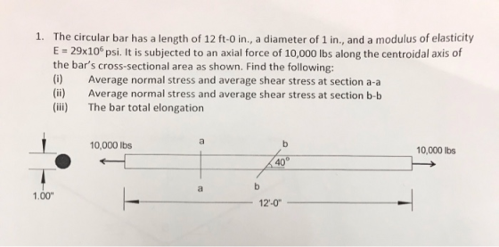 1. The circular bar has a length of 12 ft-o in., a diameter of 1 in., and a modulus of elasticity E = 29x10 psi. It is subjec