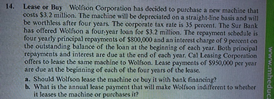 Lease or Buy Wolfson Corporation has decided to purchase a new machine that costs $3.2 million. The machine will be depreciat