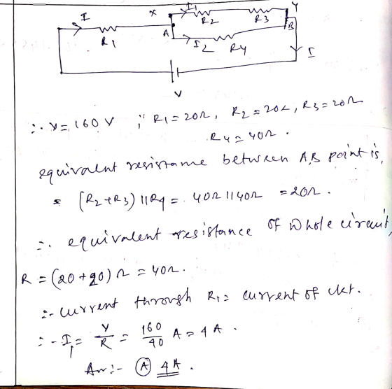 aurrent through Ria current of ckt. I RL &3 1 A RI Ry :y=160Y -20 R1=202 R2 = 206, R3=202 Rua yon. equivalent resistane betw