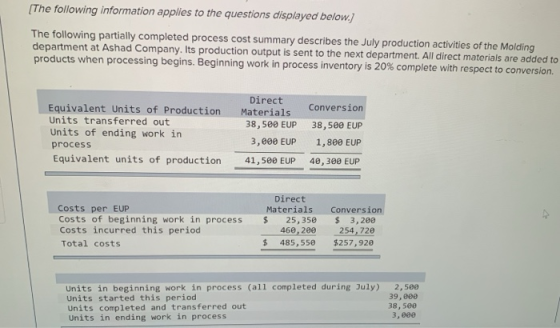 [The following information applies to the questions displayed below.) The following partially completed process cost summary