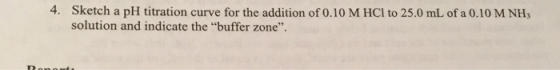 4. Sketch a pH titration curve for the addition of 0.10 M HCl to 25.0 mL of a 0.10 M NHz solution and indicate the buffer zo