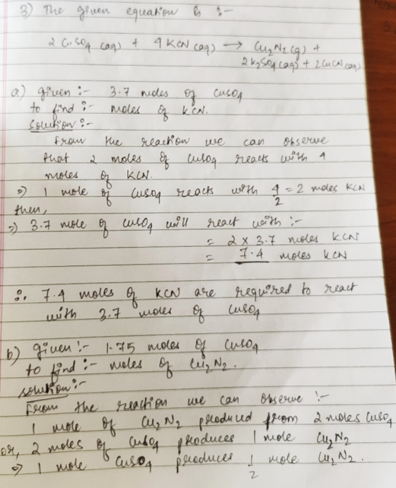The given equation s - 3 - 2 Cu Sou caq) + 4 KCN cag) - Cug Wq (q) & 2 kq Soy Cags + 2 Cu Cal can) a gireen : 3.7 medles of c