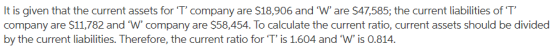 It is given that the current assets for T company are $18,906 and W are $47,585; the current liabilities of T company a