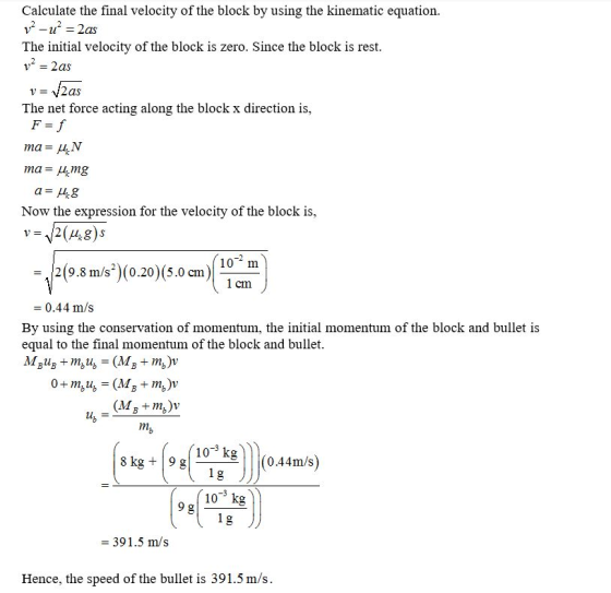 Calculate the final velocity of the block by using the kinematic equation. -u = 2as The initial velocity of the block is zero