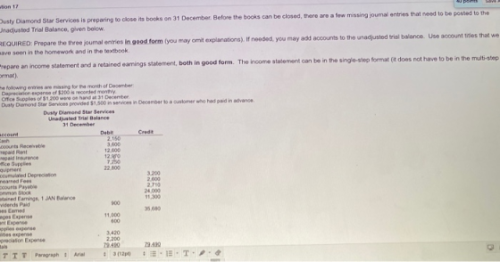 Save ation 17 Dusty Diamond Star Services is preparing to close its books on 31 December. Before the books can be closed, the