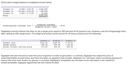 Direct-labor budget (based on budgeted annual sales): Product G: Product T: Product W: Total 8,000 X $ 16.00 15,000 x $12.00