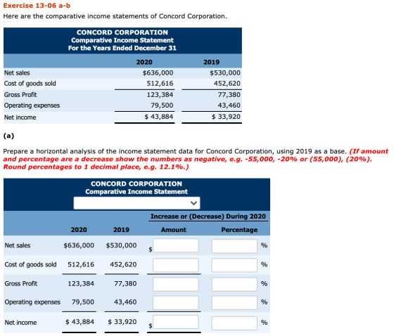 Exercise 13-06 a-b Here are the comparative income statements of Concord Corporation. CONCORD CORPORATION Comparative Income