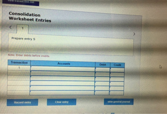 wransaction ust Consolidation Worksheet Entries Prepare entry s Note: Enter debits before credits Transaction Accounts Debit