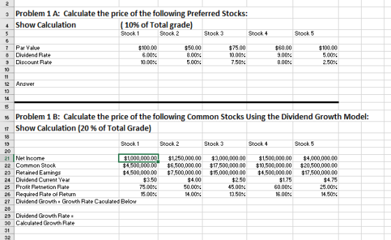 3 Problem 1 A: Calculate the price of the following Preferred Stocks: 4 Show Calculation (10% of Total grade) 5 Stock 1 Stock