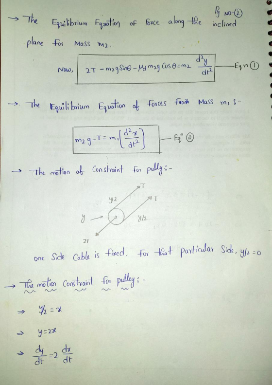 The Equilibrium Equation of force along the Pg No-2 inclined plane for mass m2. No, 27- mgsne -Ly mag cos e-ma con un foro No