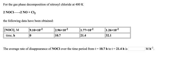 For the gas phase decomposition of nitrosyl chloride at 400 K 2 NOCI—2 NO + Cl2 the following data have been obtained: 9.10x1
