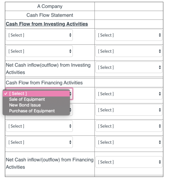 A Company Cash Flow Statement Cash Flow from Investing Activities [ Select ] [ Select] [ Select] [ Select] Net Cash inflow(ou